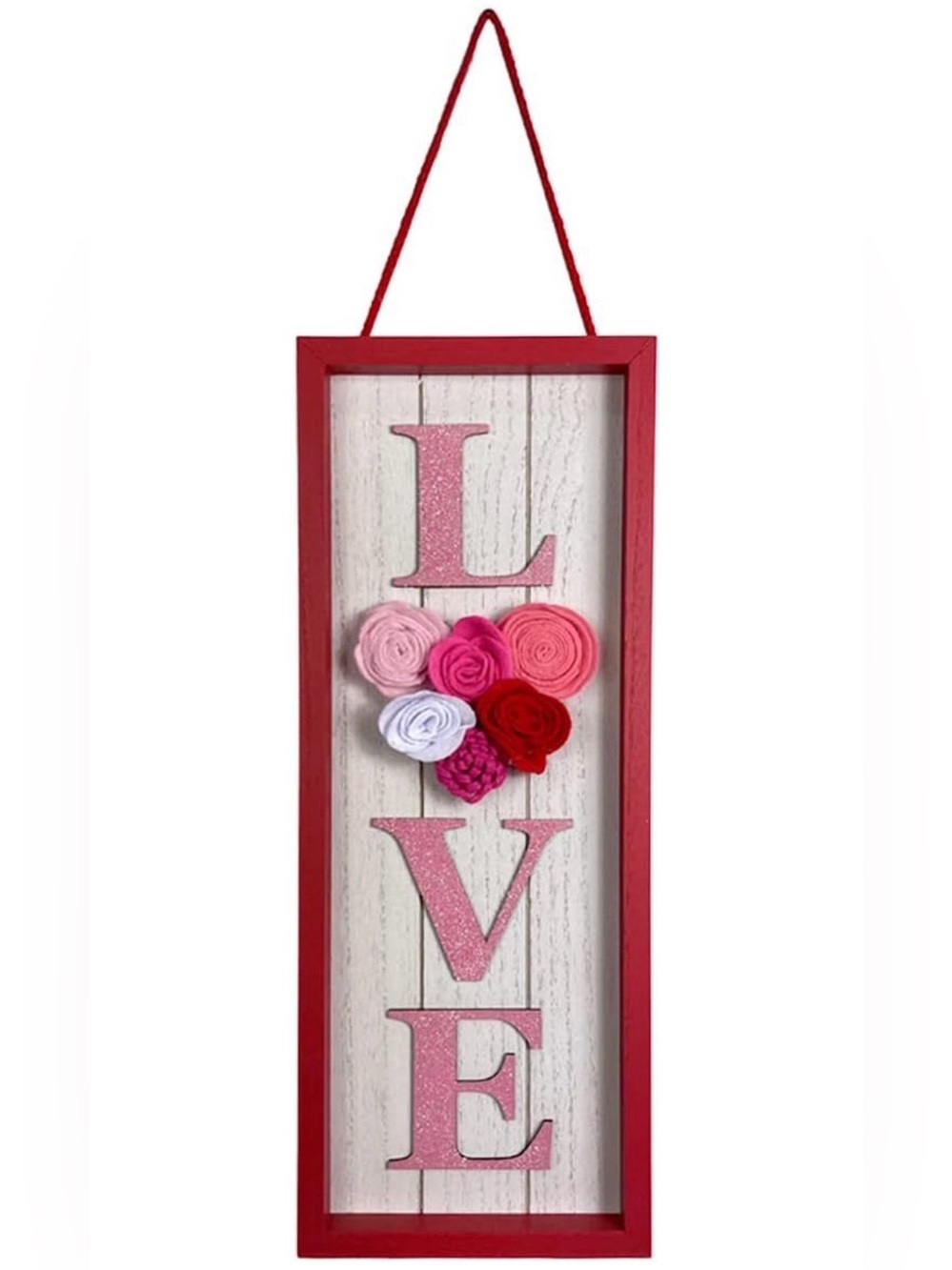 Valentine’s Day wooden “LOVE” hanging wall sign with Cloth Floral Detail